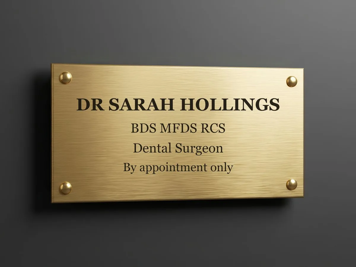 Engraved brass door name plate, filled in black, fixed to a reception wall