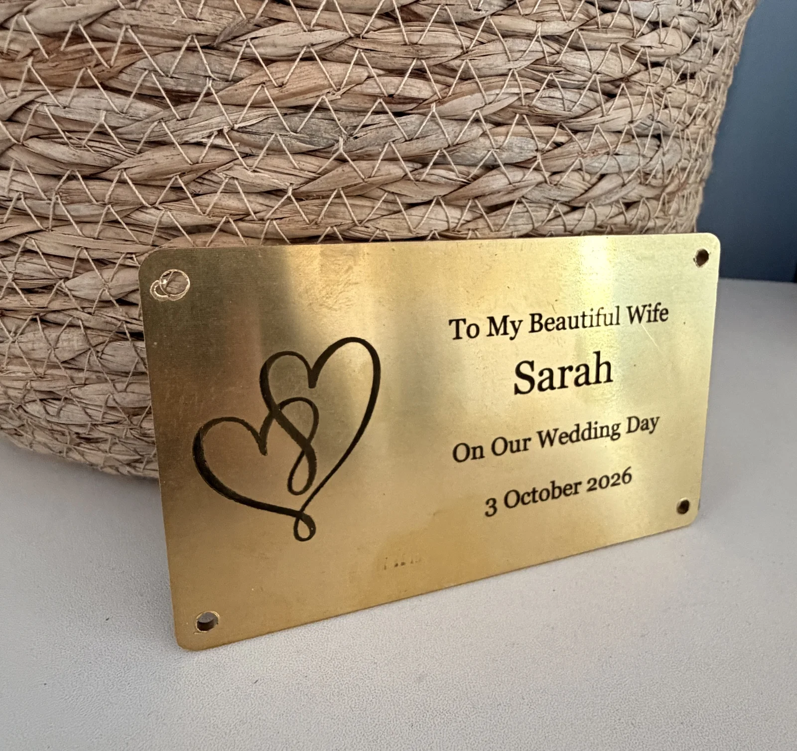 Engraved brass plaque with linked hearts, To My Beautiful Wife Sarah, On Our Wedding Day