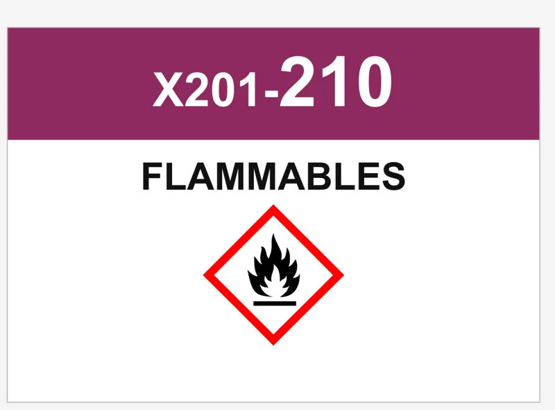 One A5 fire-rated label from a proof sheet: location code X201-210, Flammables, with the GHS flame pictogram