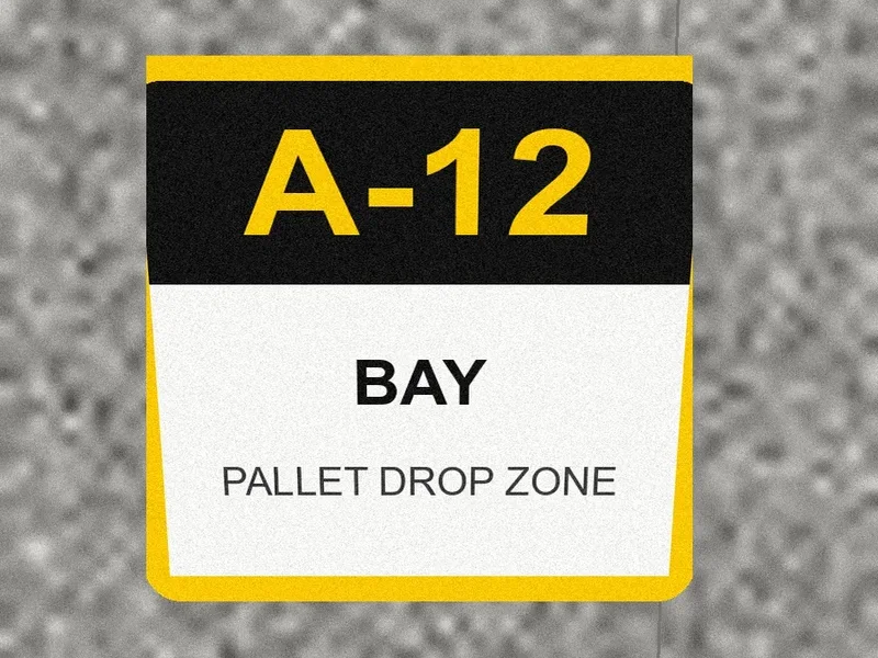 Illustration of a 150 by 150 mm anti-slip bay marker decal, A-12 pallet drop zone, on polished concrete