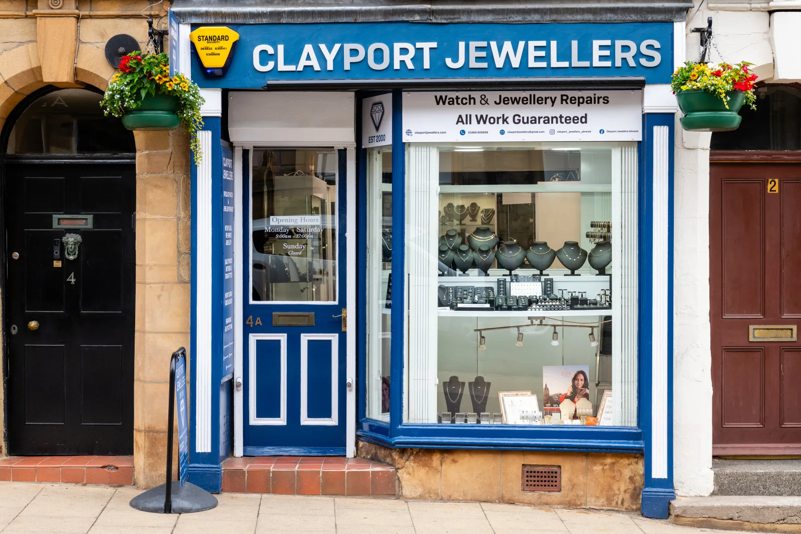 Clayport Jewellers shop front in Alnwick: fascia, window graphics and A-board made and fitted by NBNE